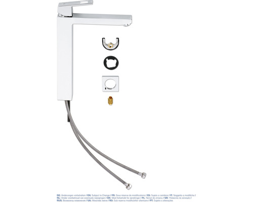 Umyvadlová baterie v pohledu shora s montážním příslušenstvím a flexibilními připojovacími hadicemi.