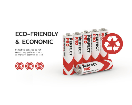 Baterie PerfectPro se symbolem recyklace a informacemi o škodlivých látkách