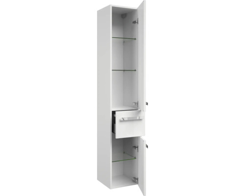 Bílá vysoká koupelnová skříňka se zásuvkou a otevřenými dveřmi