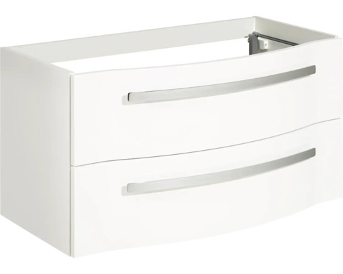 Bílá skříňka pod umyvadlo se dvěma zásuvkami a úchyty