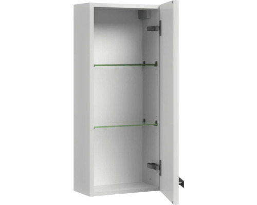 Otevřená bílá závěsná koupelnová skříňka se dvěma skleněnými policemi pro ukládání v koupelně