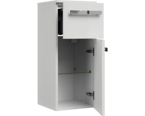 Bílá závěsná vysoká skříňka s dvířky a zásuvkou do koupelny