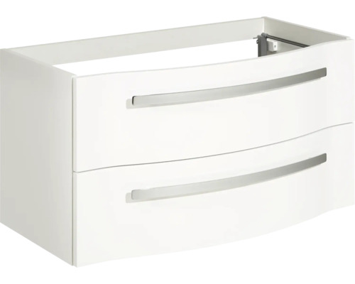 Bílá skříňka pod umyvadlo se dvěma zásuvkami a úchyty