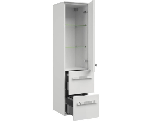 Vysoká skříňka s dvířky, dvěma zásuvkami a skleněnými policemi