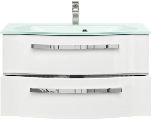 Bílá skříňka pod umyvadlo se dvěma zásuvkami, skleněným umyvadlem a vodovodní baterií.