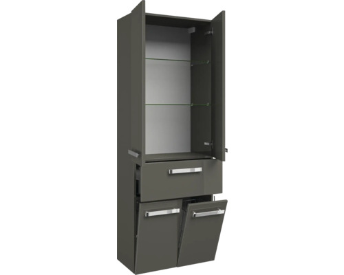 Šedá koupelnová vysoká skříňka s policemi, zásuvkou a dvířky