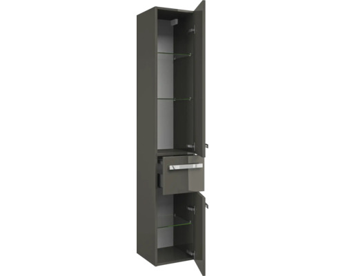 Otevřená koupelnová vysoká skříňka se zásuvkou a skleněnými policemi