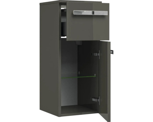 Otevřená vysoká skříňka s dvířky a jednou skleněnou policí