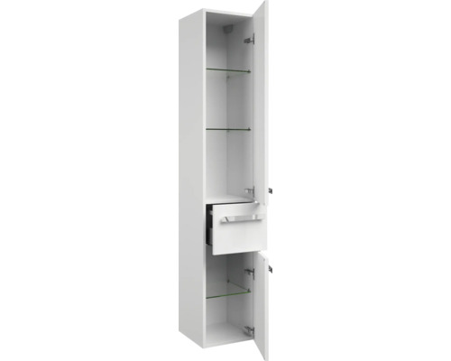 Vysoká koupelnová skříňka se dvěma dvířky, zásuvkou a skleněnými policemi