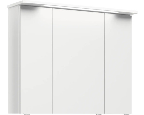 Bílá koupelnová skříňka se třemi dvířky a integrovaným osvětlením
