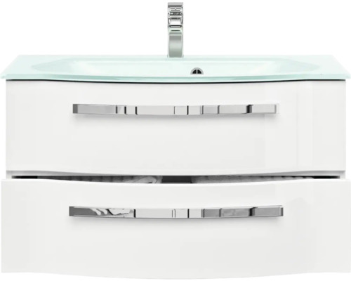 Skříňka pod umyvadlo se dvěma zásuvkami, skleněné umyvadlo a vodovodní baterie