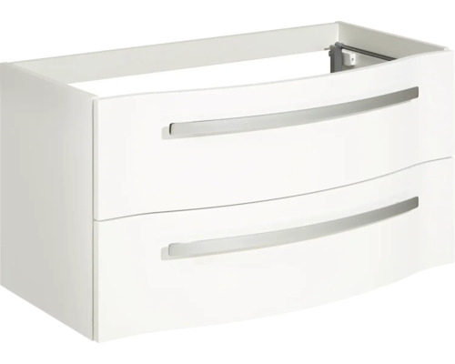 Bílá skříňka pod umyvadlo se dvěma zásuvkami a stříbrnými úchyty