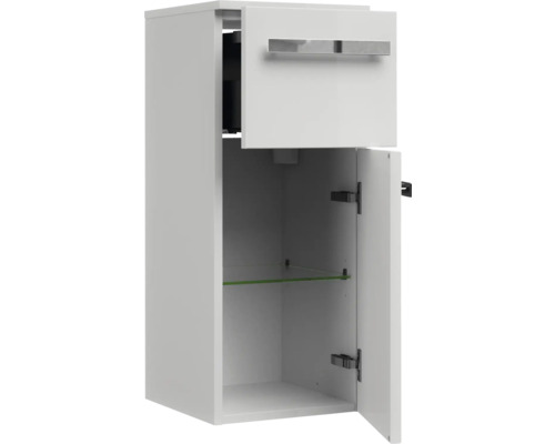 Koupelnová vysoká skříňka se zásuvkou a dvířky, vnitřní skleněná police