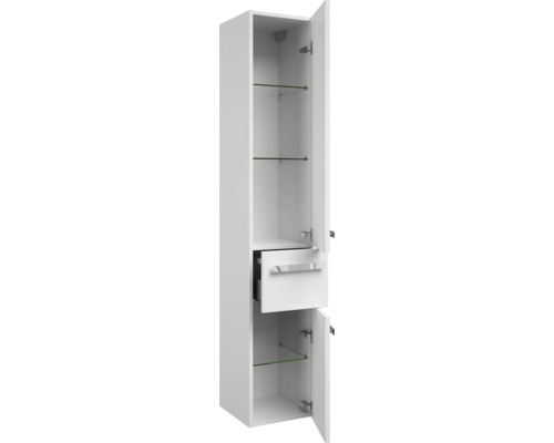 Vysoká skříňka se zásuvkou a otevřenými dvířky se skleněnými policemi do koupelny