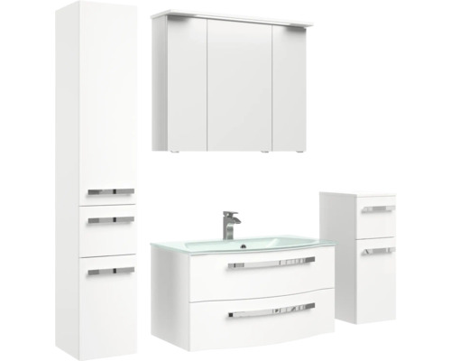 Sestava koupelnového nábytku s vysokou skříní, závěsnou skříní, umyvadlem s umyvadlovou skříňkou