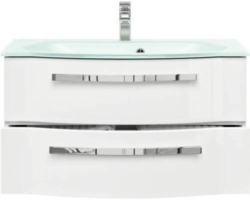 Skříňka pod umyvadlo se dvěma zásuvkami, skleněné umyvadlo a armatura