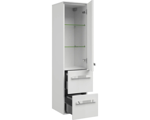 Bílá vysoká koupelnová skříňka s otevřenými dvířky, skleněnými policemi a dvěma zásuvkami