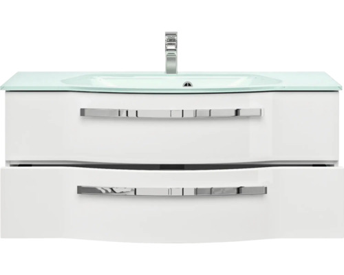 Skříňka pod umyvadlo se dvěma zásuvkami a skleněným umyvadlem