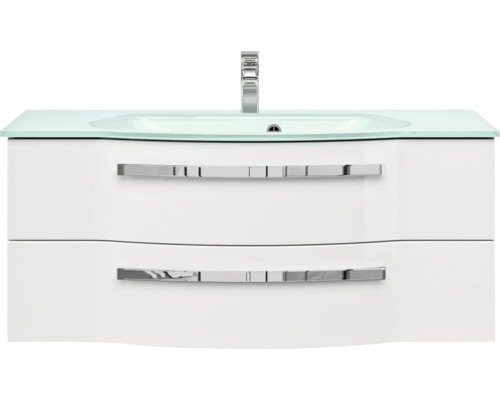 Skříňka pod umyvadlo se dvěma zásuvkami, skleněné umyvadlo a vodovodní baterie