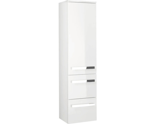 Bílá vysoká skříň se třemi zásuvkami a úchyty