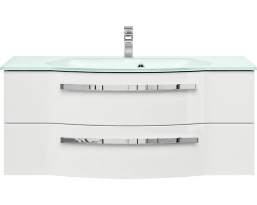 Skříňka pod umyvadlo se skleněným umyvadlem a dvěma zásuvkami