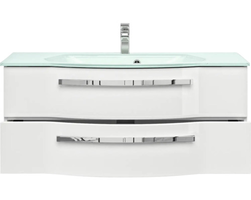 Skříňka pod umyvadlo se dvěma zásuvkami, skleněné umyvadlo a baterie