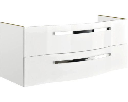 Bílá skříňka pod umyvadlo se dvěma zásuvkami a kovovými úchyty