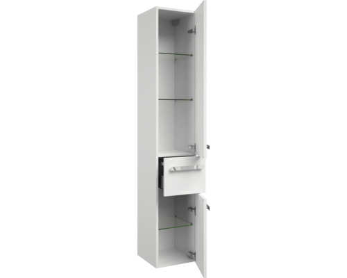 Vysoká skříň s otevřenými dveřmi, zásuvkou a skleněnými policemi do koupelny