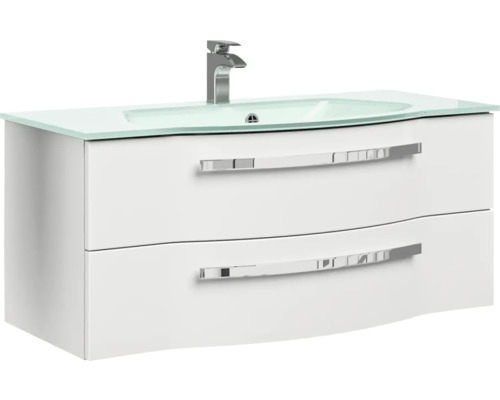 Umyvadlová skříňka se dvěma zásuvkami a skleněným umyvadlem