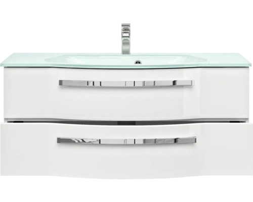 Skříňka pod umyvadlo se dvěma zásuvkami a skleněným umyvadlem