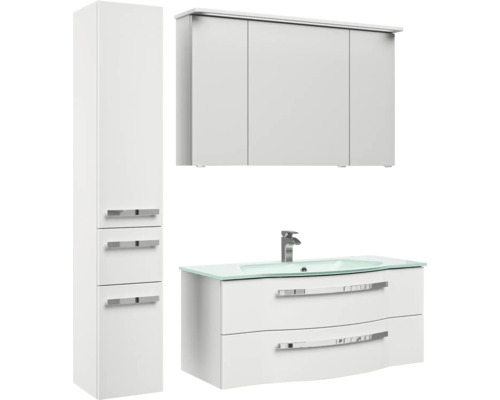 Bílá koupelnová nábytková sestava s umyvadlem, zrcadlovou skříňkou a vysokou skříní