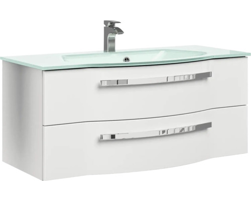 Bílá skříňka pod umyvadlo se dvěma zásuvkami, skleněné umyvadlo a vodovodní baterie