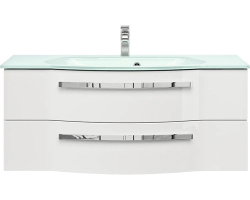 Skříňka pod umyvadlo se dvěma zásuvkami, skleněné umyvadlo a vodovodní baterie