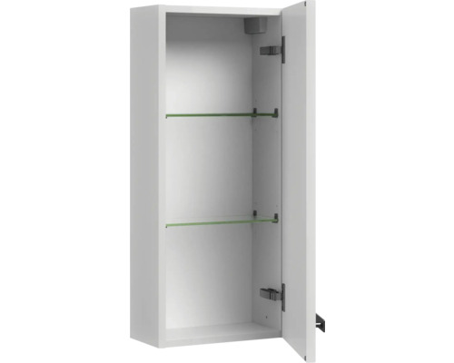 Otevřená bílá zrcadlová skříňka se dvěma skleněnými policemi do koupelny