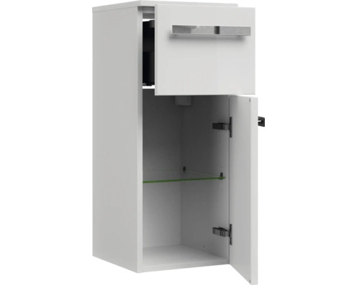 Bílá koupelnová závěsná skříňka se zásuvkou a otevřenými dvířky se skleněnou policí