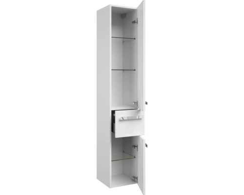 Vysoká skříňka se zásuvkou a skleněnými policemi do koupelny