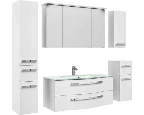 Bílá sestava koupelnového nábytku s umyvadlovou skříňkou, zrcadlovou skříňkou a vysokými skříněmi