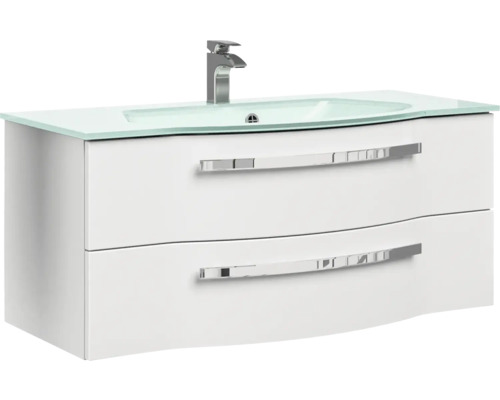 Umyvadlová skříňka se dvěma zásuvkami, skleněné umyvadlo a vodovodní baterie