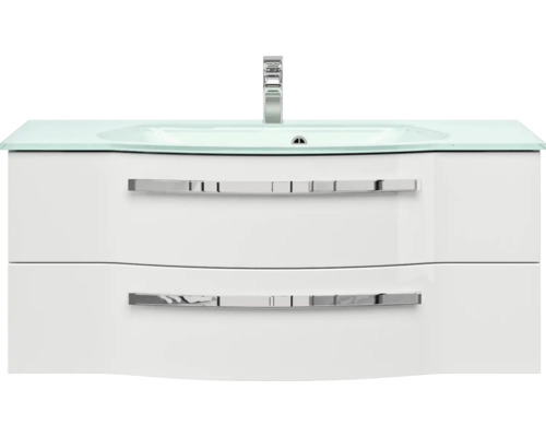 Skříňka pod umyvadlo se dvěma zásuvkami a skleněným umyvadlem