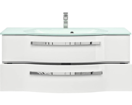 Skříňka pod umyvadlo se dvěma zásuvkami a skleněným umyvadlem