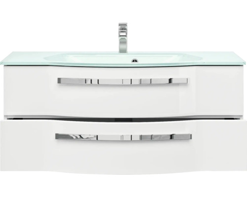 Skříňka pod umyvadlo se dvěma zásuvkami a skleněným umyvadlem