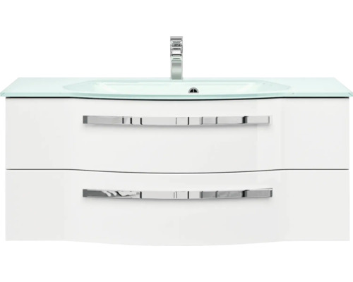 Skříňka pod umyvadlo se dvěma zásuvkami a skleněným umyvadlem