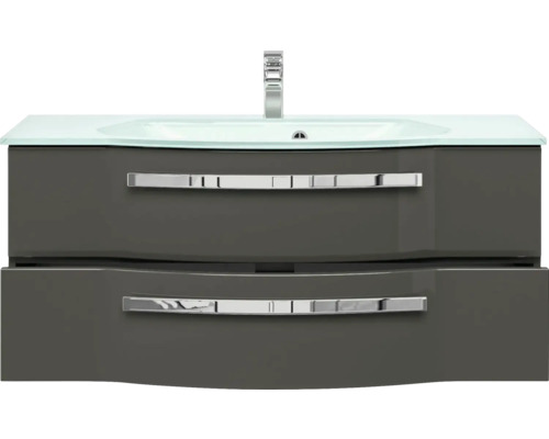 Skříňka pod umyvadlo se dvěma zásuvkami, skleněné umyvadlo a baterie