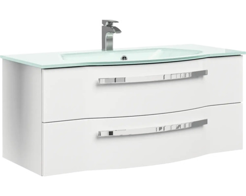 Bílá skříňka pod umyvadlo se dvěma zásuvkami, skleněné umyvadlo na desku a vodovodní baterie