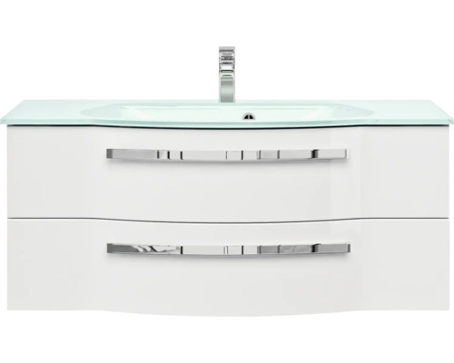 Skříňka pod umyvadlo se skleněným umyvadlem a armaturou