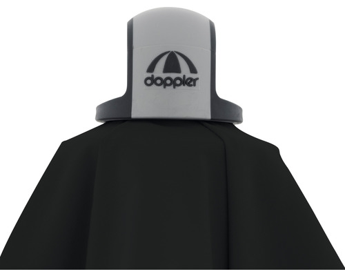 Detailní pohled na černý deštník Doppler s logem Doppler