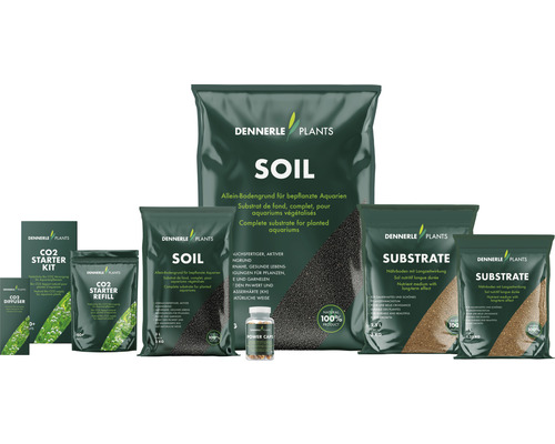 Produkty pro výsadbu akvárií Dennerle Plants včetně substrátu, podkladu a hnojiv