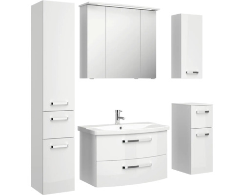Sestava koupelnového nábytku s umyvadlem, zrcadlovou skříňkou, vysokou skříňkou a boční skříňkou do koupelny