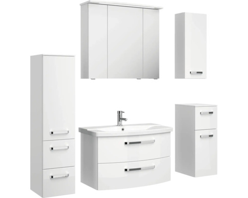 Sestava koupelnového nábytku s umyvadlem, zrcadlovou skříňkou a vysokými skříněmi