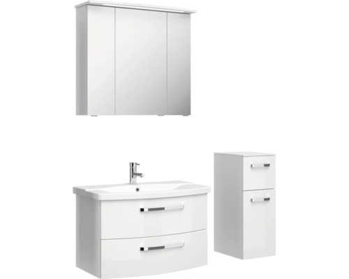 Bílá koupelnová souprava se zrcadlovou skříňkou, umyvadlem a spodní skříňkou